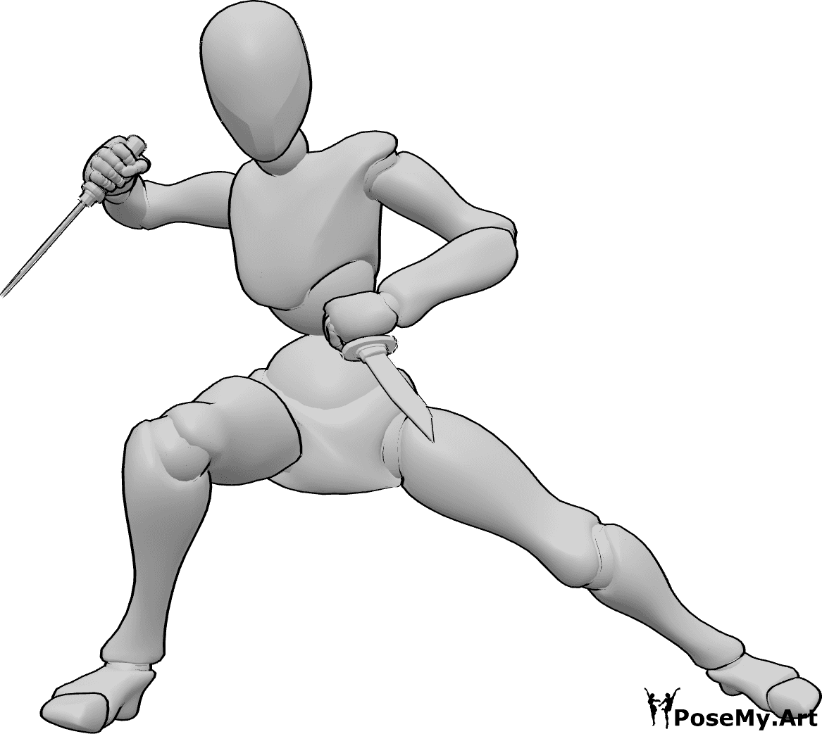 Pose Reference- Dagger fighting stance pose - Female is holding two daggers and is ready to fight, knife fighting stance pose