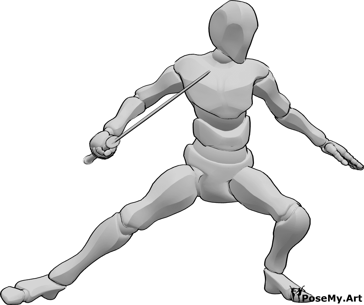 Référence des poses- Pose de la position de combat du Katana - Homme tenant un katana dans sa main droite et prêt à se battre, posture de combat avec katana