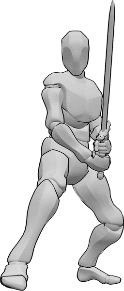 Posen-Referenz- Schwertkampfhaltung Pose - Männlich, stehend, mit beiden Händen ein Schwert haltend und zum Kampf bereit