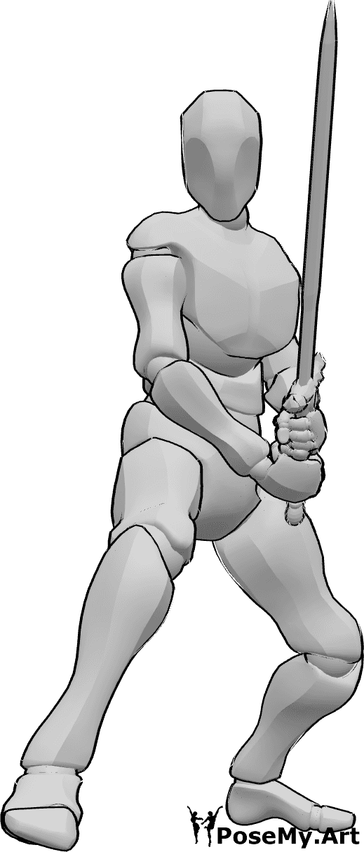Posen-Referenz- Schwertkampfhaltung Pose - Männlich, stehend, mit beiden Händen ein Schwert haltend und zum Kampf bereit