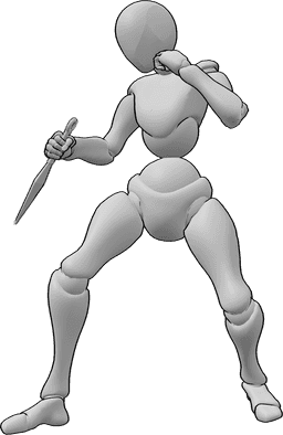 Referencia de poses- Postura de combate con kunai - La mujer está de pie, sosteniendo un kunai en su mano derecha, lista para luchar.
