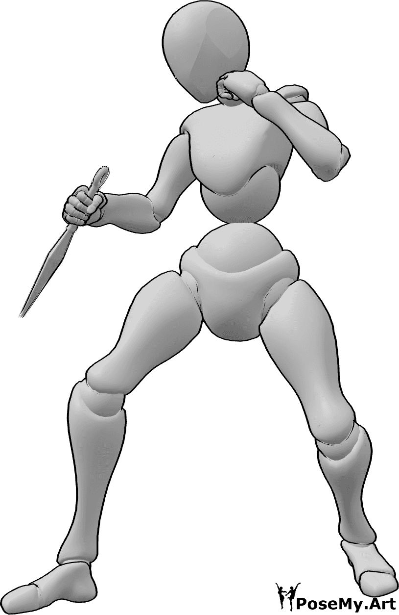 Pose Reference- Kunai fighting stance pose - Female is standing, holding a kunai in her right hand, ready to fight