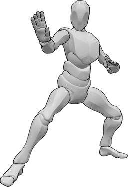 Referencia de poses- Postura de lucha de Tai chi - Hombre en postura de lucha tai chi, listo para luchar, pose de lucha masculina