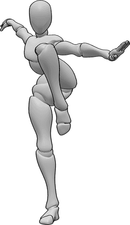 Posen-Referenz- Kung Fu Kampfhaltung Pose - Kung-Fu-Kämpferin in Kampfhaltung, auf dem rechten Bein stehend und zum Kampf bereit