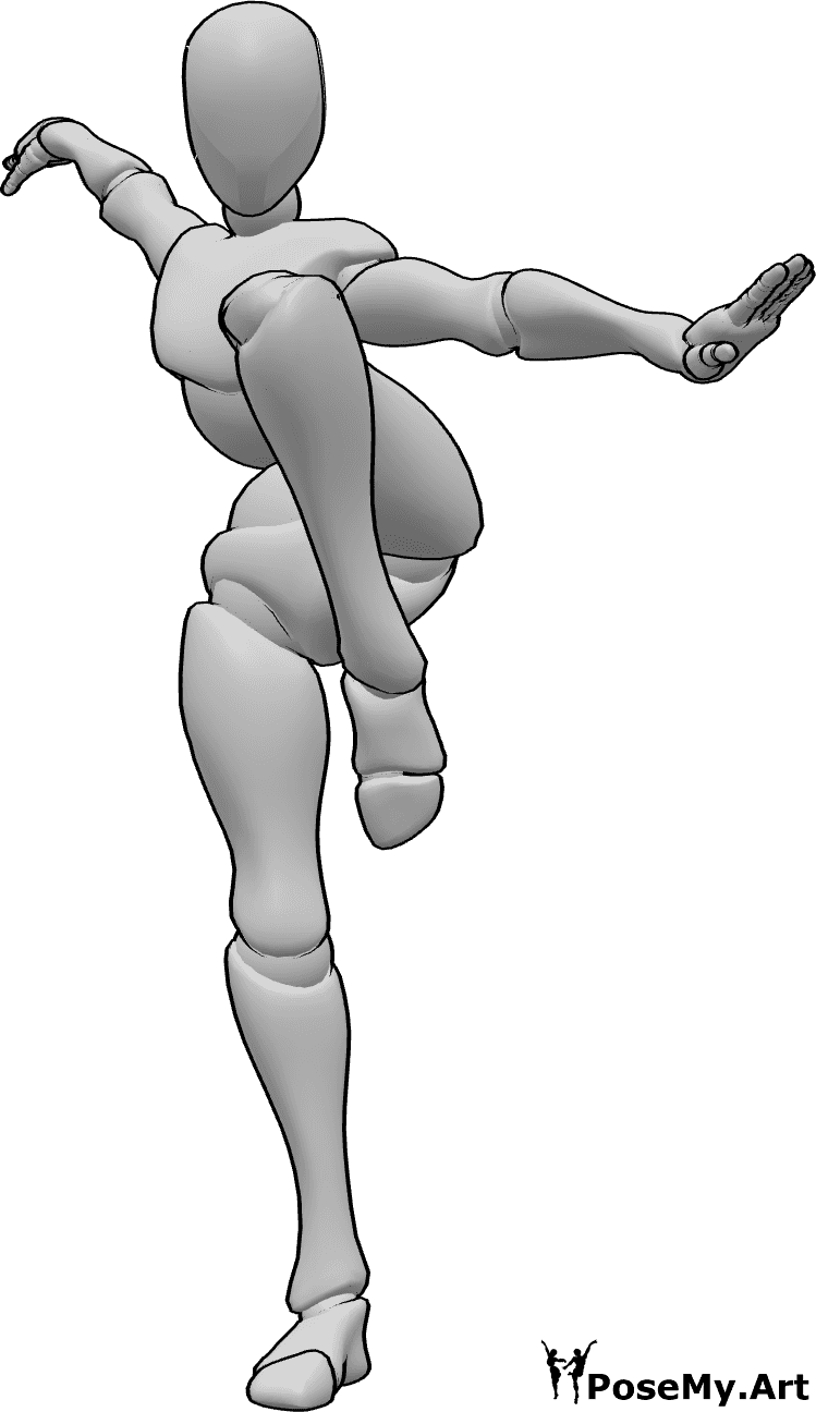 Posen-Referenz- Kung Fu Kampfhaltung Pose - Kung-Fu-Kämpferin in Kampfhaltung, auf dem rechten Bein stehend und zum Kampf bereit