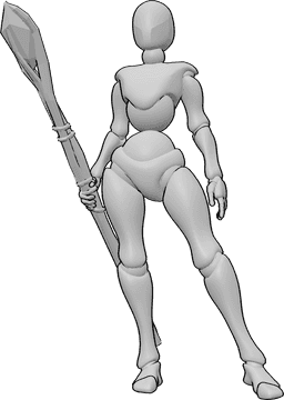 Pose Reference- Female mage standing pose - Female mage is standing and holding a magic staff in her right hand