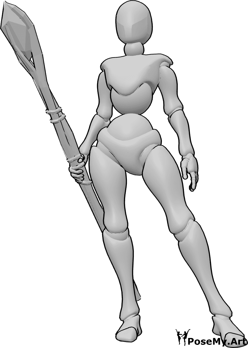Riferimento alle pose- Mago donna in piedi - La donna maga è in piedi e tiene un bastone magico nella mano destra.