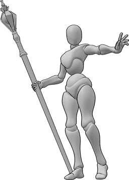 Referencia de poses- Postura femenina con bastón mágico - Mujer mago está de pie y sostiene un bastón mágico en su mano derecha y lanza un hechizo con la mano izquierda
