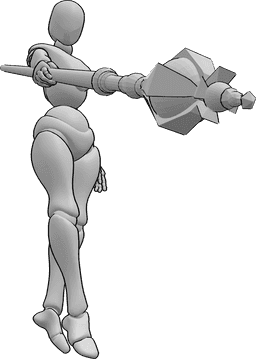 Referencia de poses- Postura de bastón mágico - Una maga está flotando y señalando con su bastón mágico en la mano derecha.