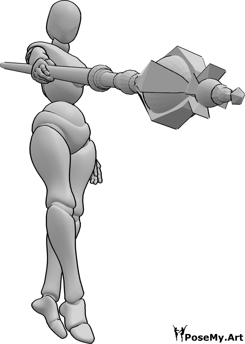 Riferimento alle pose- Posa del bastone magico puntato - La donna maga si libra e indica con il bastone magico nella mano destra.