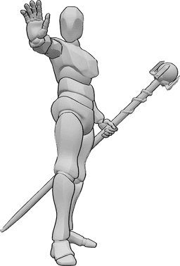 Référence des poses- Pose pour lancer un sort de mage - Le mage est debout, il tient un bâton magique de la main gauche et lance un sort de la main droite.