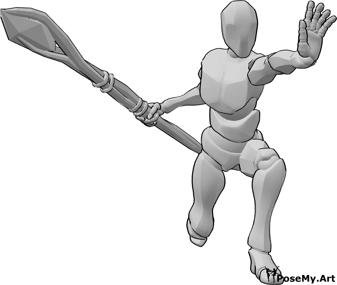Référence des poses- Pose d'attaque d'un mage masculin - Le mage masculin est accroupi, il tient un bâton magique et lance un sort.
