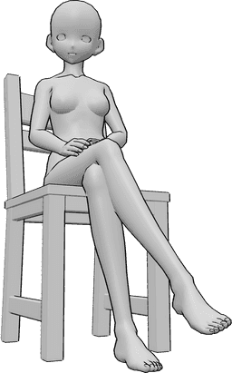 Referência de poses- Pose de mulher sentada de anime - Uma mulher anime está sentada casualmente numa cadeira com as pernas cruzadas