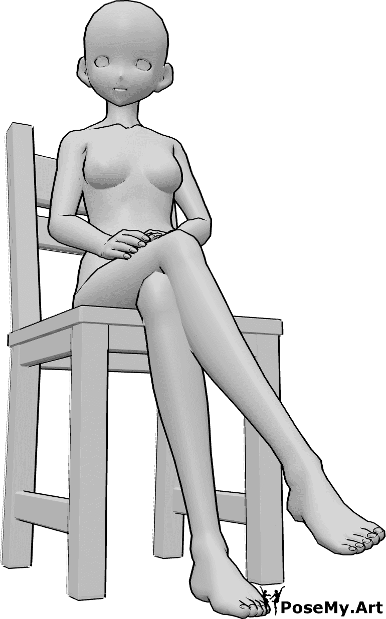 Referência de poses- Pose de mulher sentada de anime - Uma mulher anime está sentada casualmente numa cadeira com as pernas cruzadas