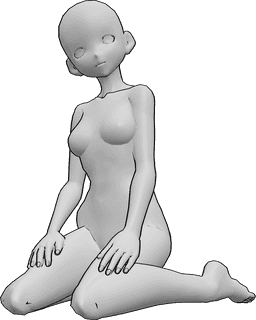 Pose Reference- Anime female kneeling pose - Anime female is sitting, kneeling, resting her hands on her thighs