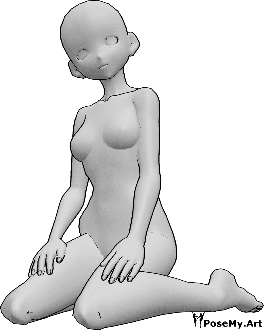 Posen-Referenz- Anime weibliche kniende Pose - Anime-Frau sitzt, kniet, stützt die Hände auf die Oberschenkel