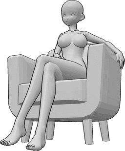 Référence des poses- Anime - pose jambes croisées - Une femme animée est assise confortablement dans un fauteuil, les jambes croisées.