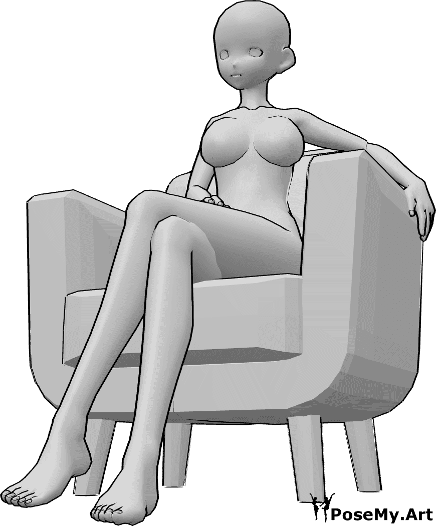Posen-Referenz- Anime gekreuzte Beine Pose - Anime-Frau sitzt bequem in einem Sessel und hat die Beine gekreuzt