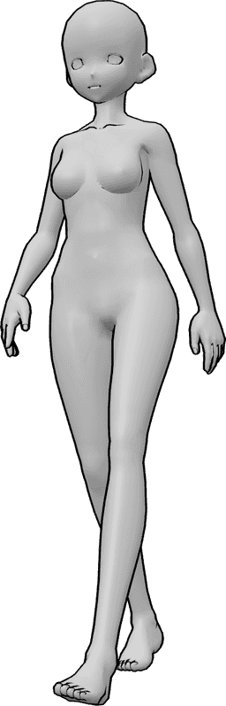Referência de poses- Pose de caminhada de mulher de anime - Mulher anime está a caminhar casualmente, pose de corpo de mulher anime