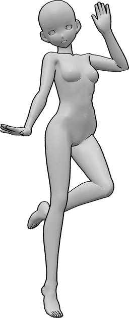 Référence des poses- Pose de saut et d'agitation de l'anime - Une femme animée joyeuse saute et fait un signe de la main en disant 