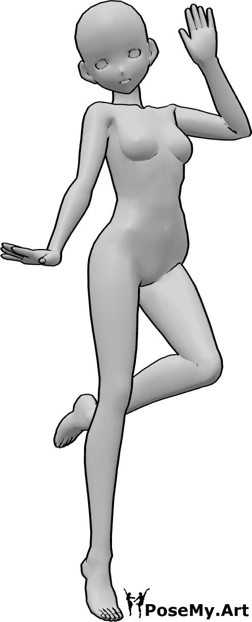 Referência de poses- Pose de anime a saltar e a acenar - Uma mulher anime feliz está a saltar e a acenar, dizendo 
