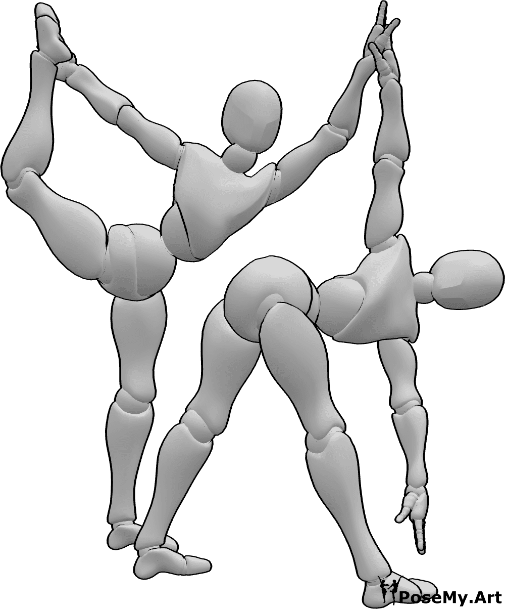 Referência de poses- Pose de ginástica em duo - As mulheres estão a fazer pose de ginástica juntas