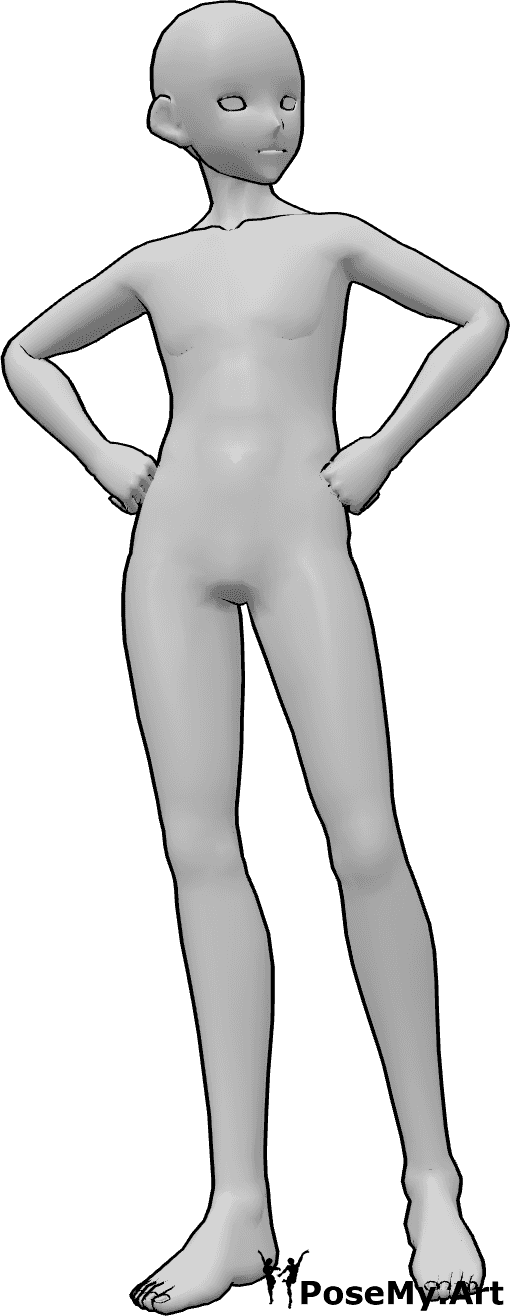 Posen-Referenz- Anime männliche stehende Pose - Anime-Männchen steht mit den Händen in den Hüften und schaut nach links.