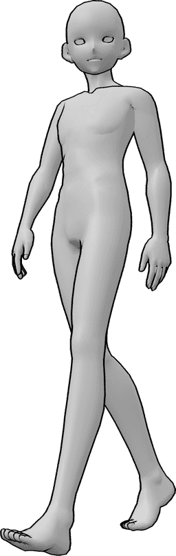 Référence des poses- Anime male walking pose - L'homme anime se promène nonchalamment, pose du corps de l'homme anime