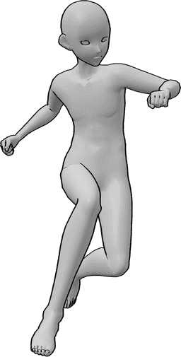 Referência de poses- Pose de salto de homem de anime - Um homem anime está a saltar alto, olhando para a esquerda, com as mãos fechadas em punhos