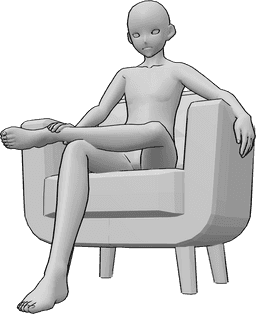 Posen-Referenz- Anime männlich sitzende Pose - Anime-Männchen sitzt bequem in einem Sessel und hat die Beine gekreuzt