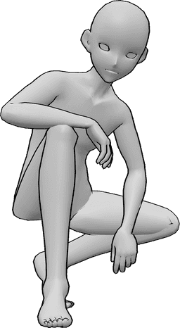 Pose Reference- Anime male squatting pose - Anime male is squatting, looking forward, anime male body pose