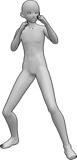 Riferimento alle pose- Posa da pugile anonimo - Maschio Anime è in piedi in posizione di boxe, pronto a combattere posa
