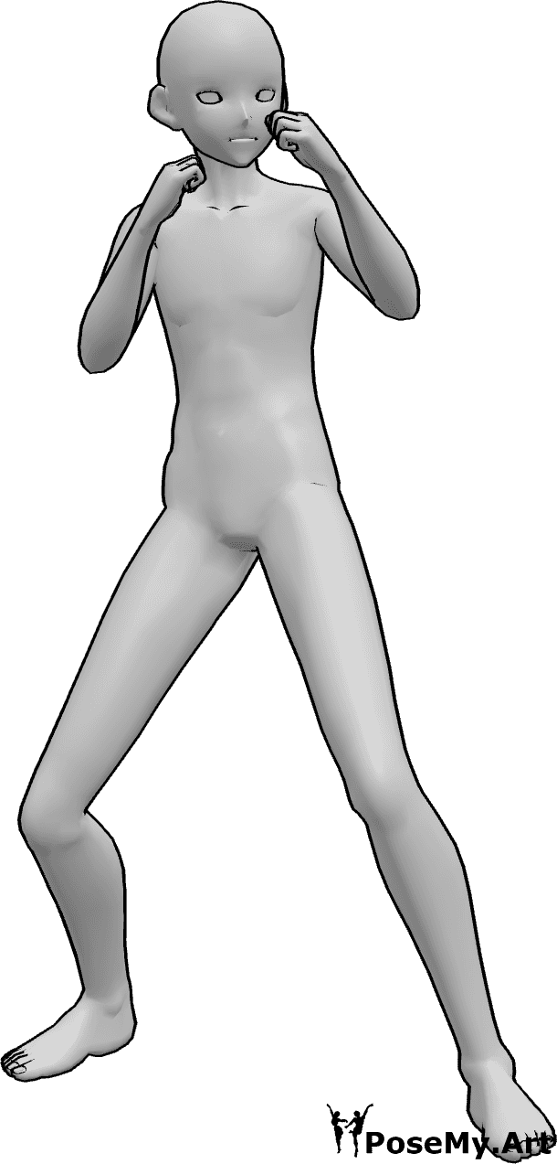 Référence des poses- Anime boxing stance pose - Homme animé debout en position de boxe, prêt à se battre.