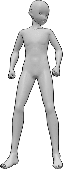 Referência de poses- Pose de homem anime zangado - Homem anime zangado de pé, com as mãos cerradas em punhos