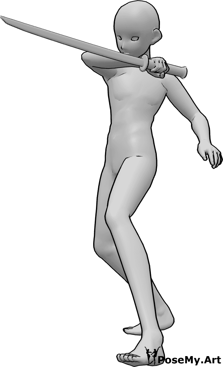 Riferimento alle pose- Posa d'attacco maschile Anime - Uomo anonimo che attacca con una katana, tenendola nella mano destra e pugnalandola.