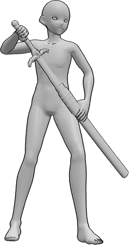 Referência de poses- Pose de espada masculina de anime - O homem de anime está de pé e tira a sua espada da bainha