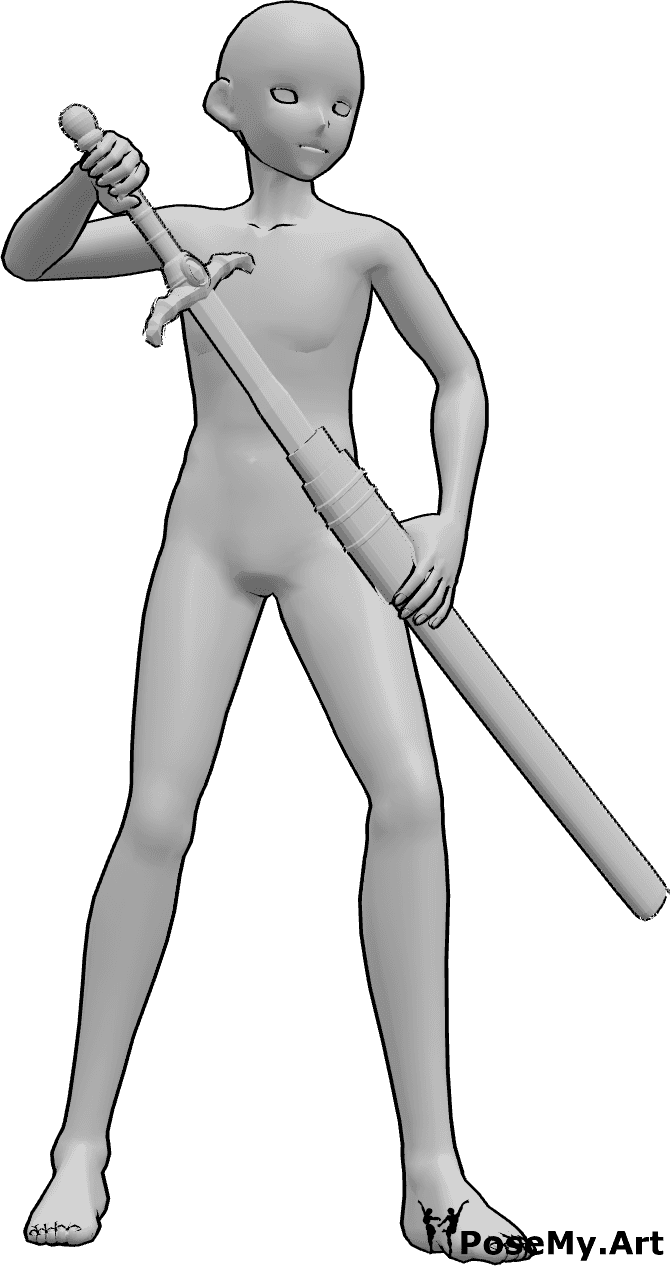 Referencia de poses- Anime masculino espada pose - El hombre anime está de pie y saca su espada de la vaina