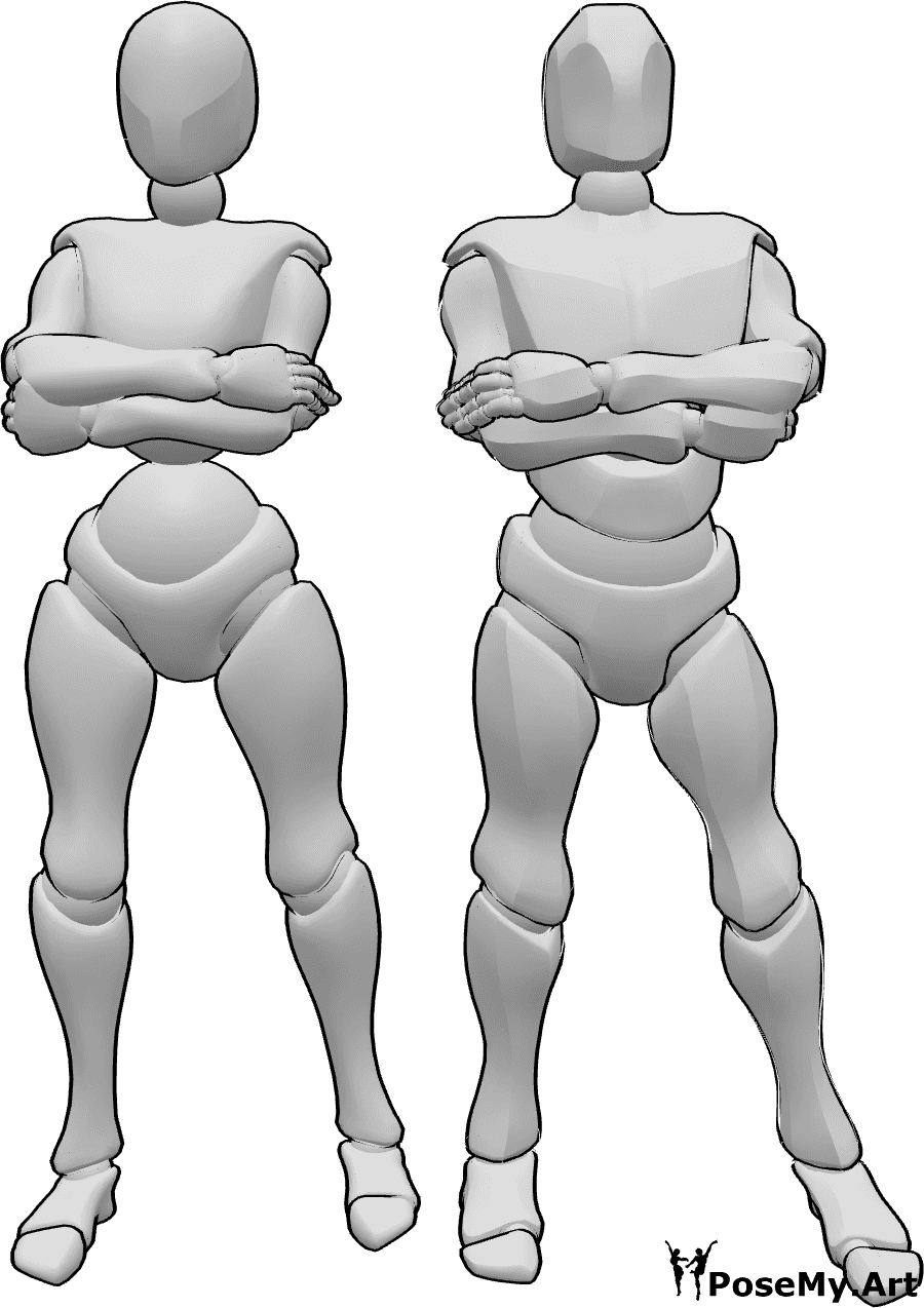 Referência de poses- Pose de dupla feminina masculina - Mulher e homem numa pose confiante em duo