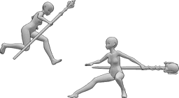 Referencia de poses- Postura de batalla con bastón mágico - Anime hembras están luchando con bastones mágicos, anime fantasía batalla pose