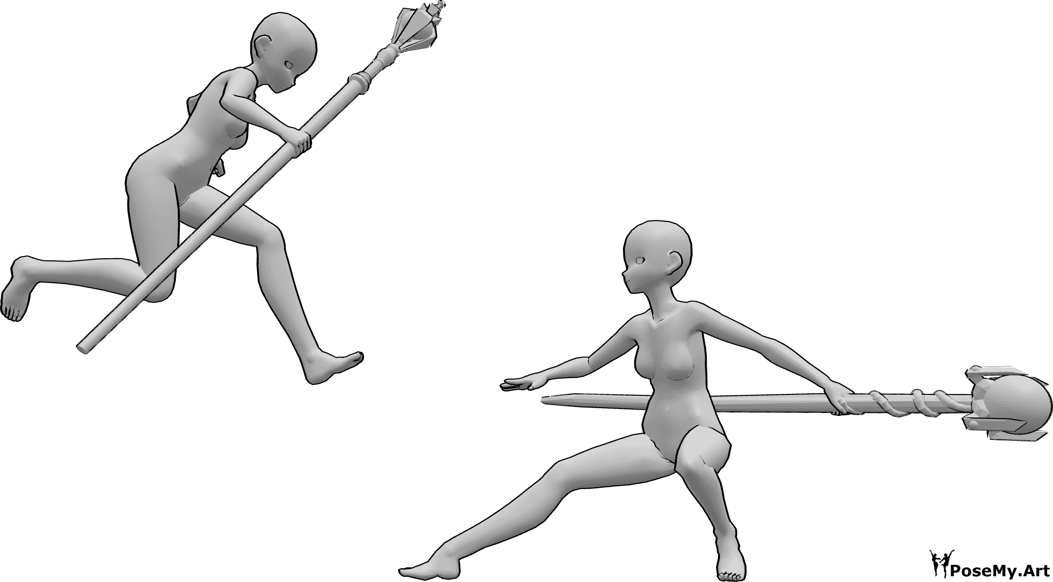 Riferimento alle pose- Posa da battaglia del bastone magico - Anime femmine stanno combattendo con bastoni magici, anime fantasia battaglia posa