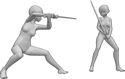 Referência de poses- Pose de batalha com katana de anime - As mulheres da anime estão a lutar com katanas, estão prestes a atacar-se uma à outra