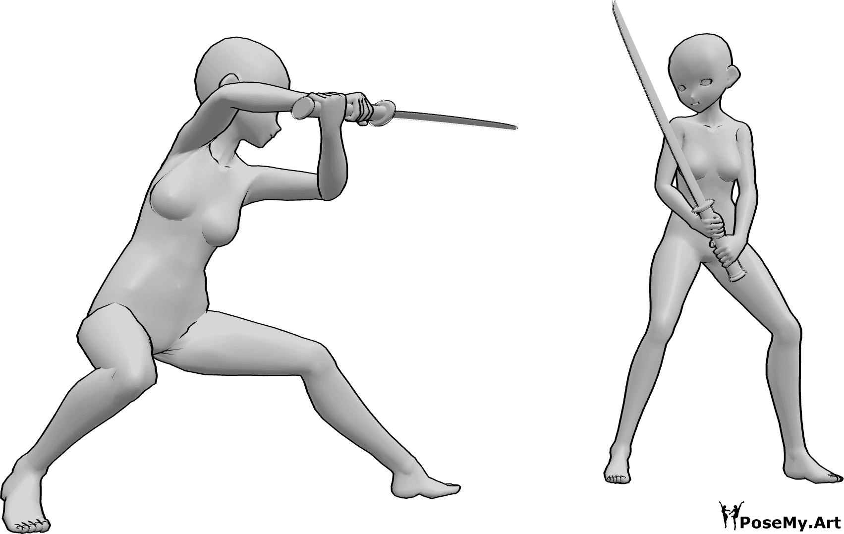 Référence des poses- Anime katana battle pose - Des femmes d'animation se battent avec des katanas, elles sont sur le point de s'attaquer l'une l'autre.