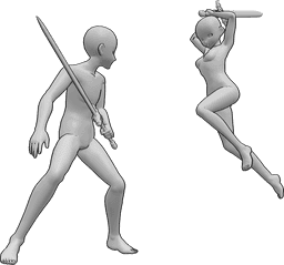 Referência de poses- Pose de batalha de espadas de anime - Anime: mulher e homem estão a lutar com espadas, a mulher está prestes a atacar com a sua espada