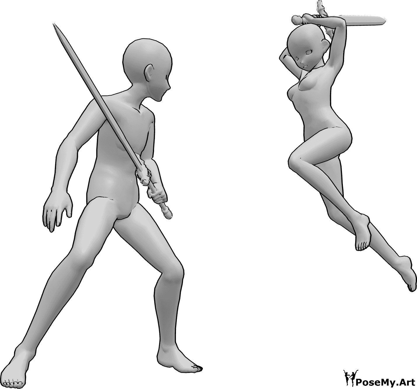 Posen-Referenz- Anime-Schwertkampf-Pose - Anime weiblich und männlich kämpfen mit Schwertern, weiblich ist über zu schlagen mit ihrem Schwert