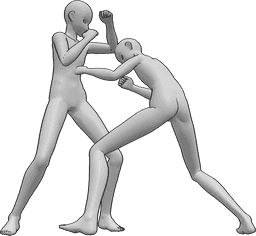 Referência de poses- Pose de luta masculina de anime - Dois homens de anime estão a lutar, a dar murros, a bater um no outro, pose de batalha de anime