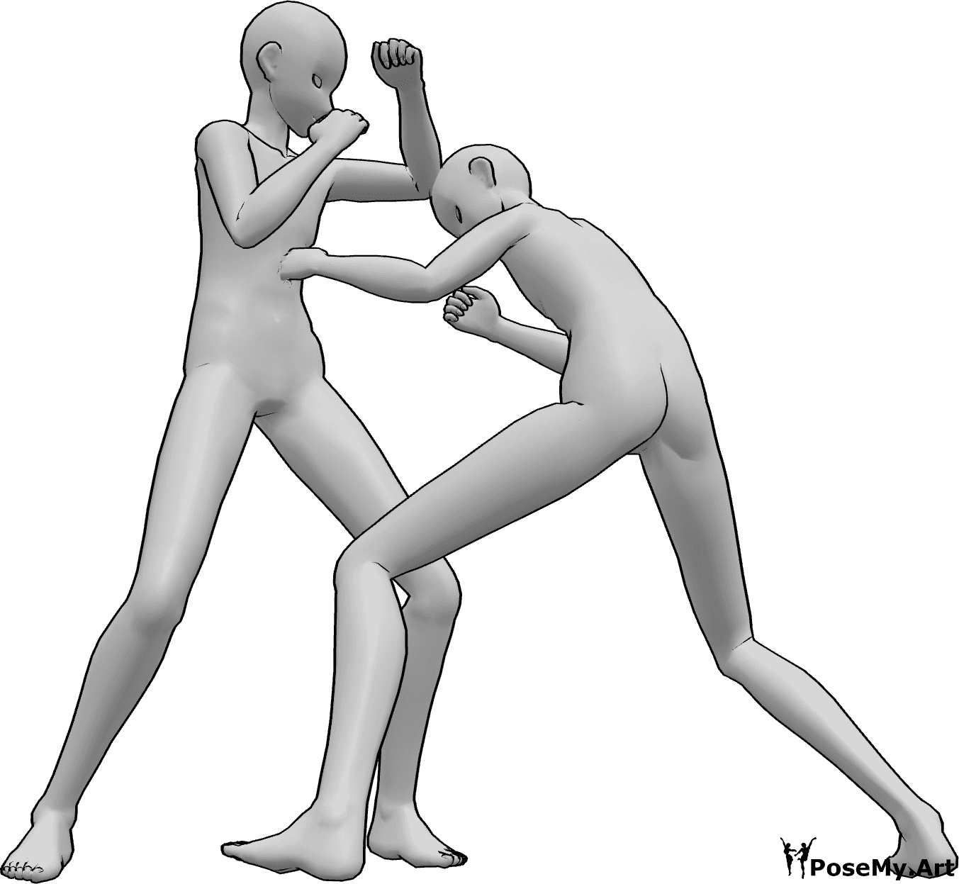 Referência de poses- Pose de luta masculina de anime - Dois homens de anime estão a lutar, a dar murros, a bater um no outro, pose de batalha de anime