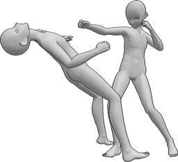 Référence des poses- Anime male punching pose - Des hommes se battent, l'un d'eux frappe l'autre à la tête et celui-ci tombe à la renverse.