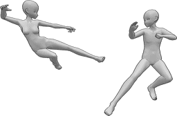 Referência de poses- Pose de combate feminina masculina - Anime Uma mulher e um homem estão a lutar, a mulher está prestes a pontapear o homem