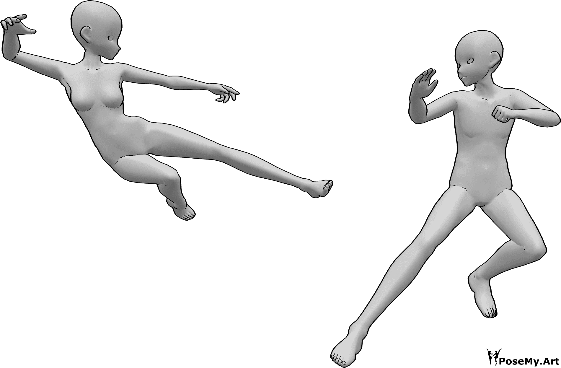 Referencia de poses- Postura de batalla femenina masculina - Anime hembra y macho están peleando, la hembra está a punto de patear al macho