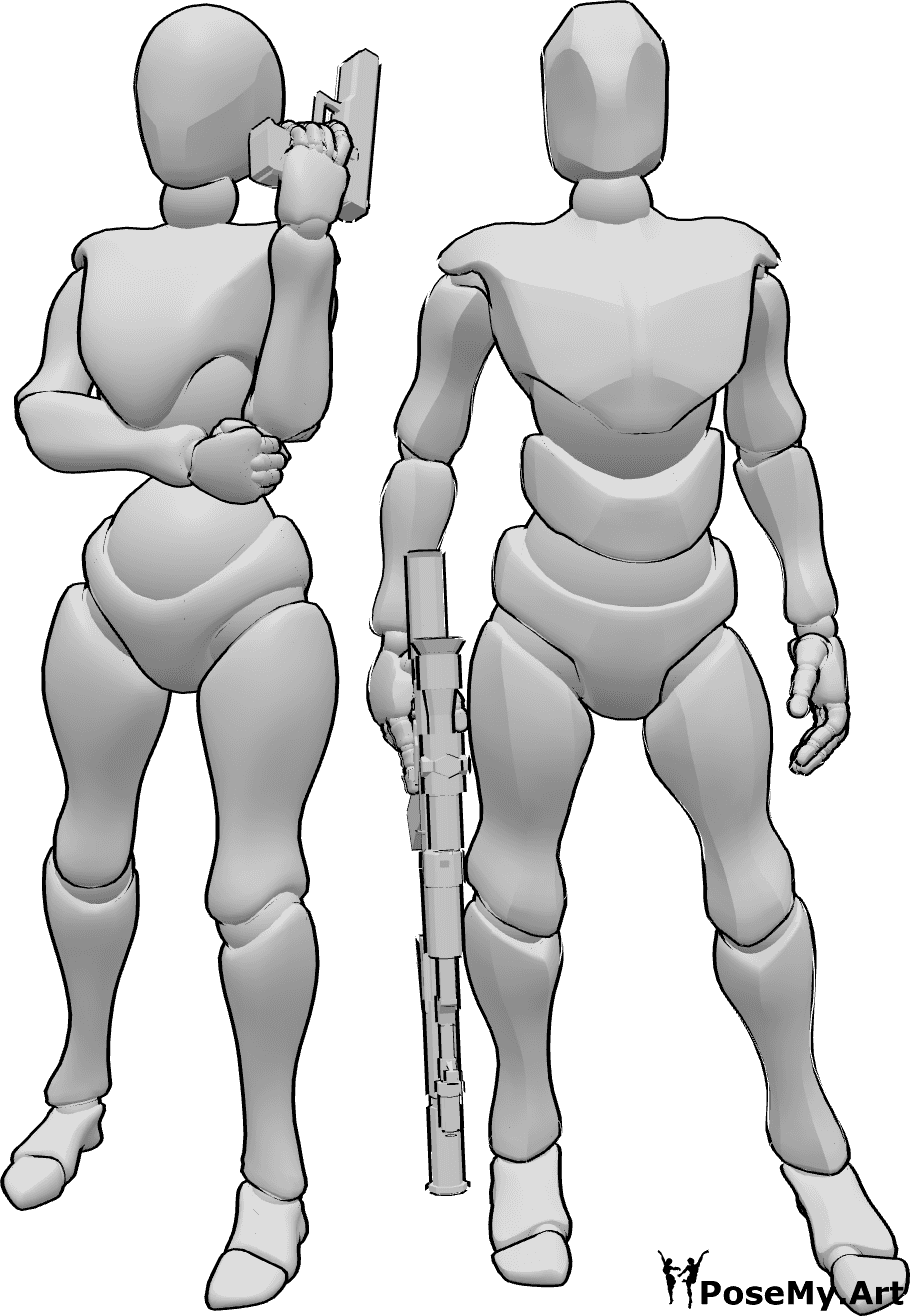 Referencia de poses- El dúo criminal posa - Dúo criminal femenino y masculino en pose de pie